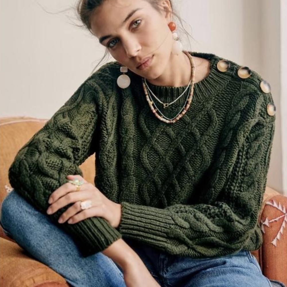 Sezane James Cable Knit Sweater Jumper in Olive Khaki Green Buttons